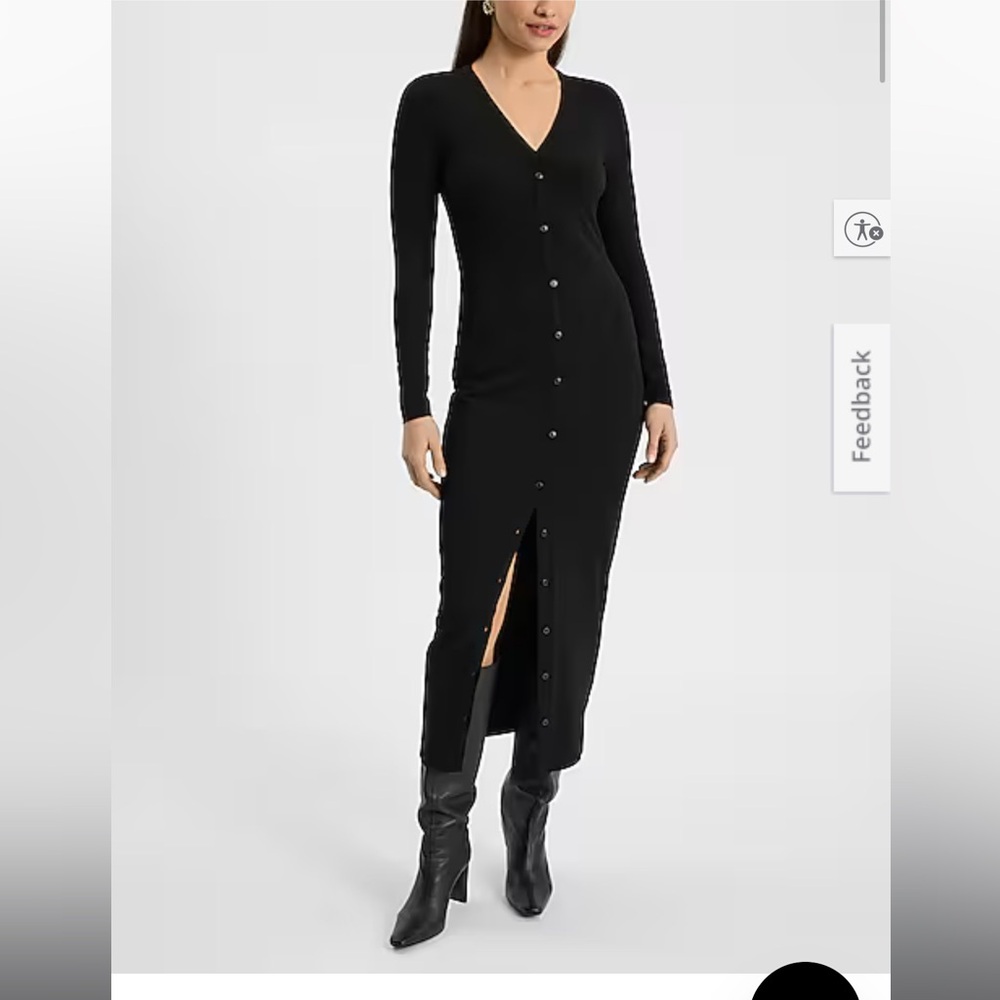 Ribbed Knit Long Sleeve Button Down Midi Dress